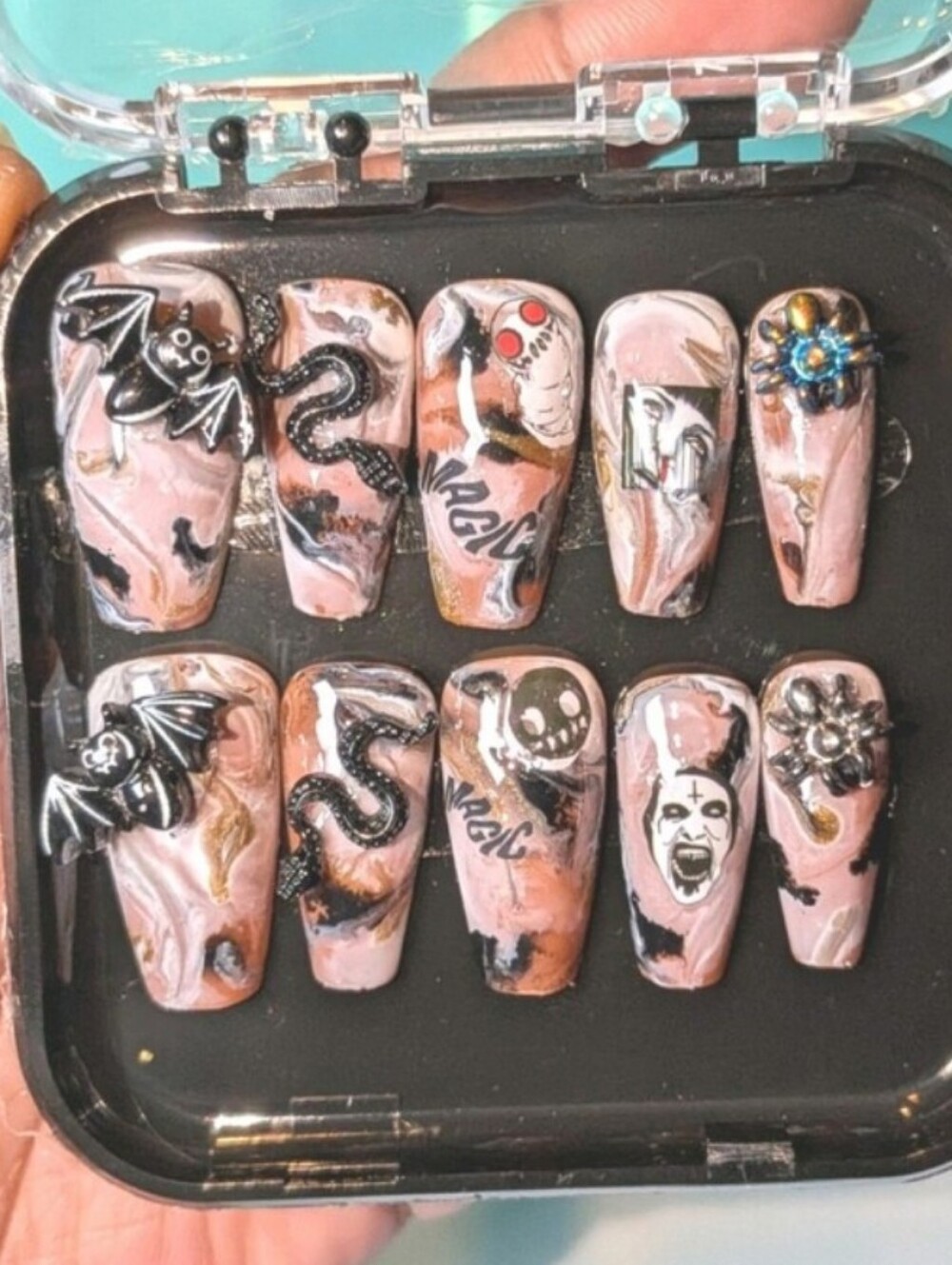 Gothic Pink Marble Press-On Nail Set with Black Accents